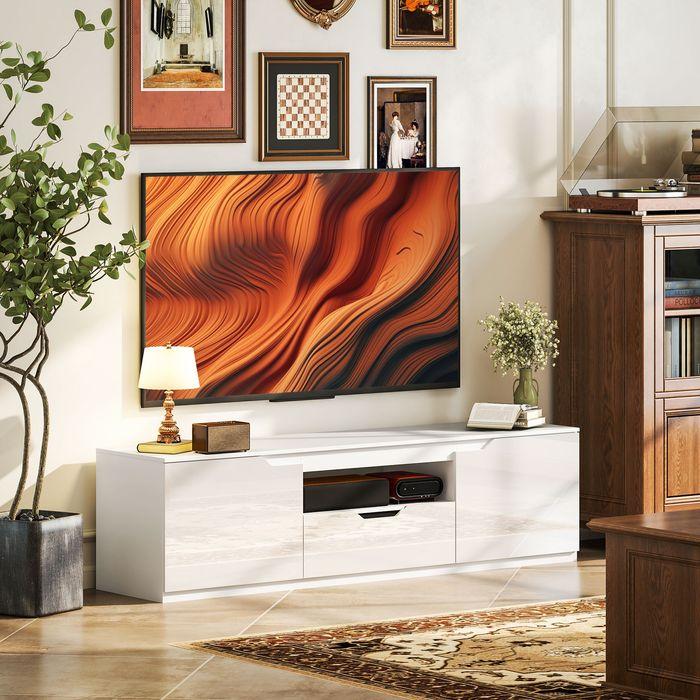 Actual product image Swisshandel24 Hochglanz TV-Lowboard für Fernseher bis 65 Zoll, 3 Fächer, Schublade, Weiss (160 x 38 x 43 cm)