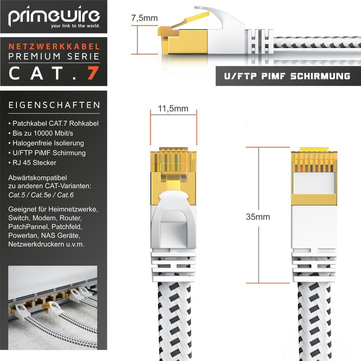 Image du produit Primewire Câble réseau CAT 7 Gaine plate en coton - Câble patch LAN Câble de données - Câble plat - Câble (U/FTP, CAT7, 3 m)
