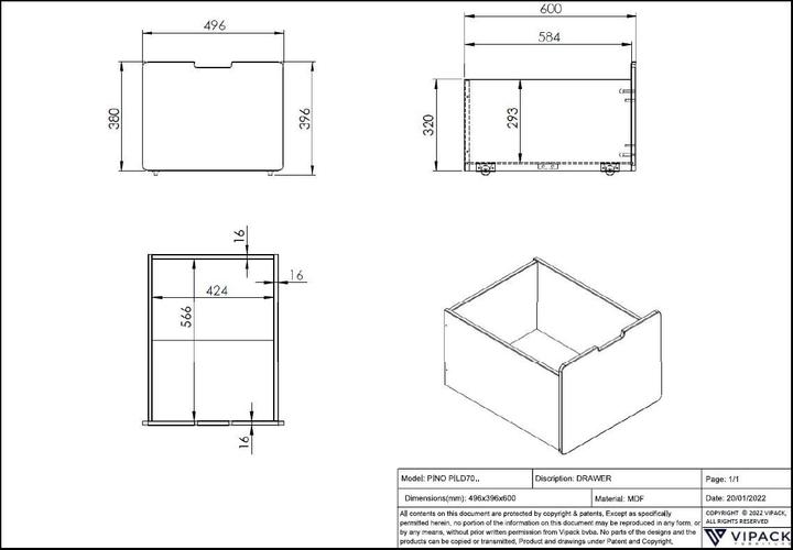Image du produit Vipack Lit Pino avec plateau suspendu et tiroirs (90 x 200 cm)