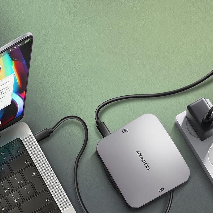 Immagine prodotto Axagon HMC-UFO hub USB-C, M.2 SATA/NVMe, 1 Gbit/s Ethernet, 384 kHz audio - nero/argento (USB-C, 3 Porti)