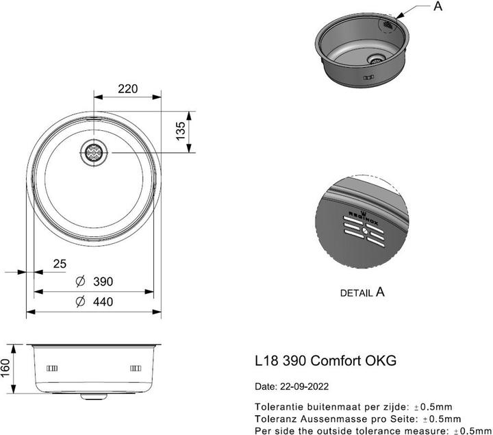 Image du produit Reginox Évier, inox poli Évier de cuisine rond L18 390 Comfort ⌀ 44 R26076 (Evier sous plan, 44 cm)