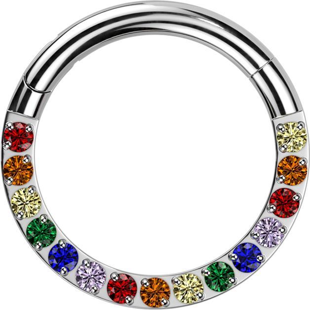 Star Piercing Micro Segmentring klappbar silber front Kristalle farbig (ohne Messing, Titan G23)