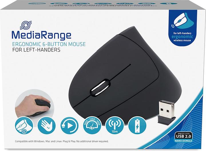 Image du produit MediaRange Souris sans fil Verticale pour gauchers, noire (Sans fil)