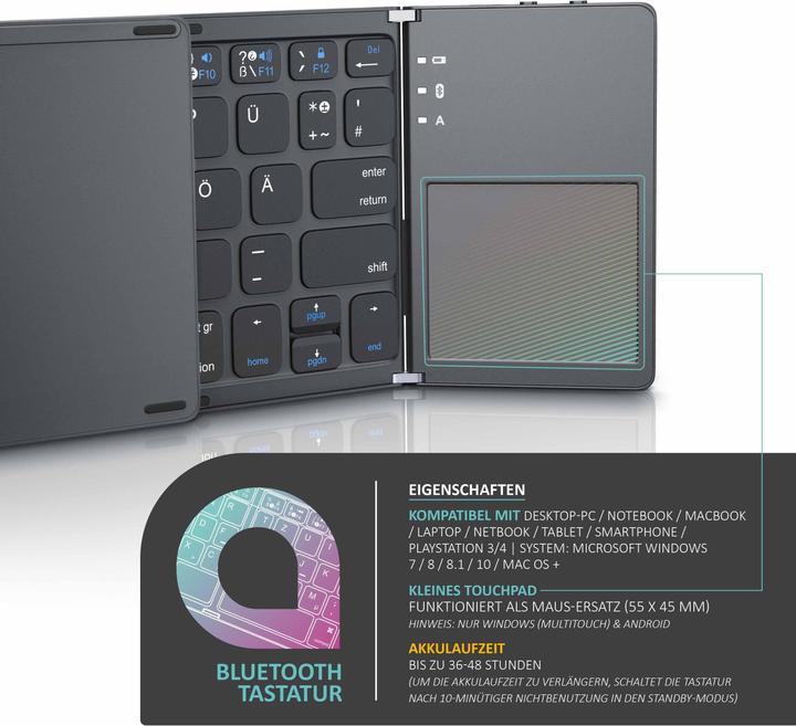 Produktbild Aplic Wireless Tastatur, faltbares Mini Bluetooth Keyboard mit Touchpad im Super Slim Design (DE, Kabellos)