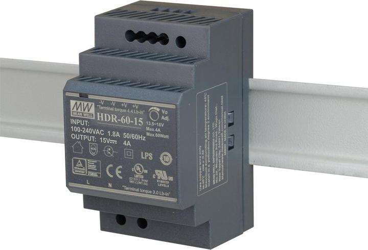 Image du produit MeanWell MEAN WELL HDR-60-15 ALIMENTATION À DÉCOUPAGE POUR RAIL DIN 15V/60W/4A (60 W)