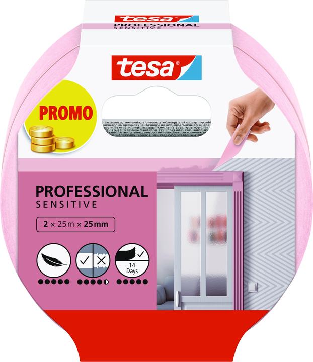 Produktbild tesa 2x Malerkrepp SENSITIVE, Malerband für empfindliche Oberflächen, Zweierpack (25 mm)