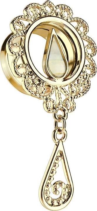 Actual product image Star Piercing Flared Tunnel 14k Gold Plated Mother of Pearl Drop with Pendant (Brass, Surgical steel 316L)