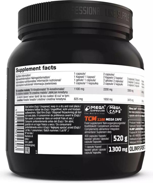 Valori nutrizionali e ingredienti Olimp Sport Nutrition Tri-Creatina Malato (TCM) 1100 Mega (400 Pezzo/i, Pillole, 400 g)