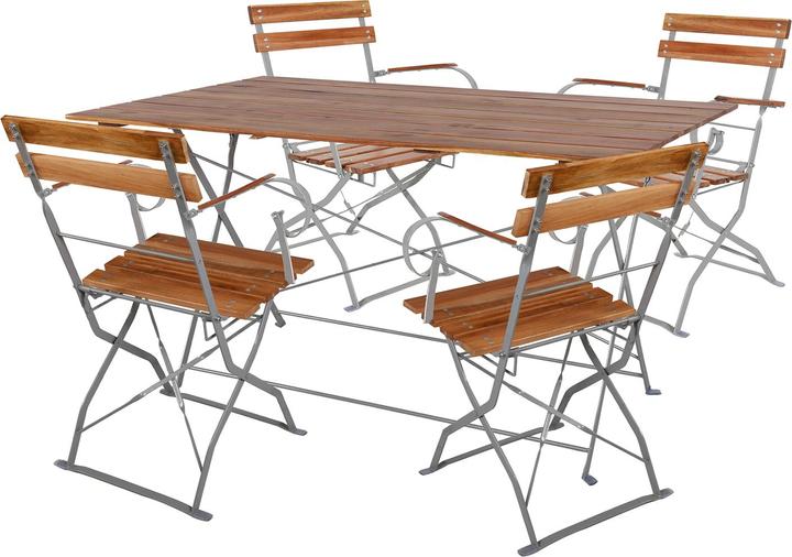 Produktbild Mojawo Biergarten Set Klapptisch + 4 Klappstühle klappbar mit Armlehne Stahl Akazieholz 120x70cm (120 cm)
