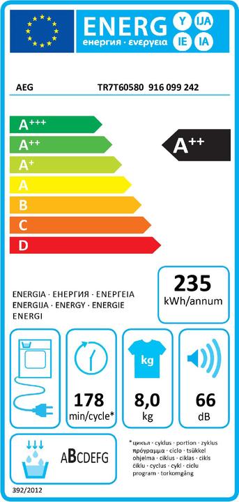Label énergétique AEG TR7T60580 Sèche-linge à pompe à chaleur 8kg, A++ 916099242 (8 kg, Droite)