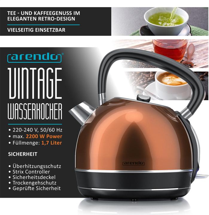Immagine prodotto Arendo Bollitore da 1,7 l, 2200 W, acciaio inox, stile retrò vintage, protezione contro il (1.70 l)