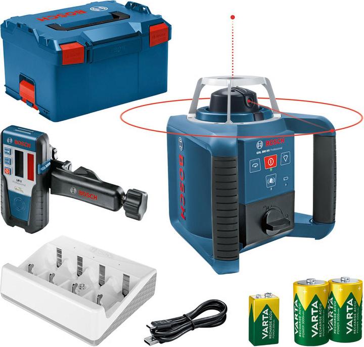 Laser receiver LR 1 Professional (0 601 015 400), L-BOXX 238 (1 600 A01 2G2), 2 x rechargeable battery 1.2V HR20 (D) VARTA, 1 x rechargeable battery 9V 7HR9V VARTA, 1 x VARTA charger