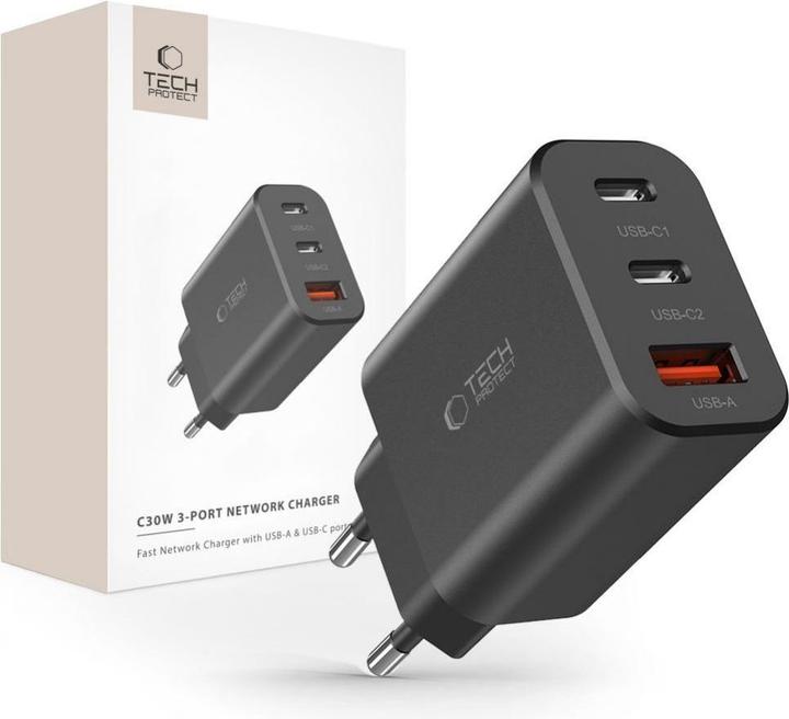 Image du produit Tech-Protect NC30W chargeur réseau 2x USB-C PD 30W / USB-A QC 3.0 - noir (30 W)