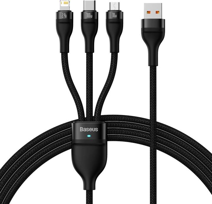 Actual product image Baseus 3in1 USB cable Flash Series, USB-C + micro USB + Lightning, 100W, 1.2m (black) (1.20 m, USB 3.2 Gen 1)