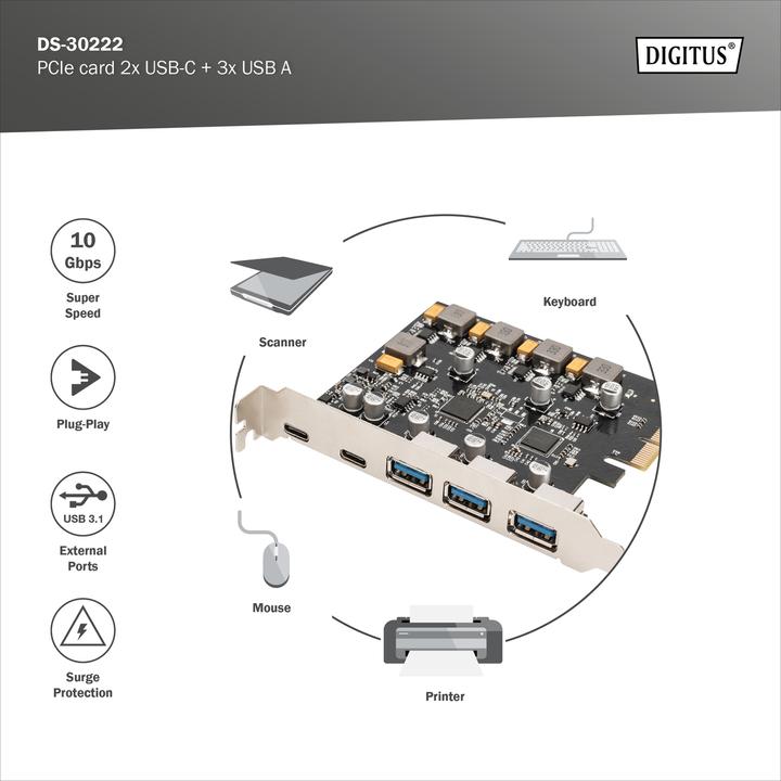 Produktbild Digitus PCIe Karte 2x USB-C + 3x USB A