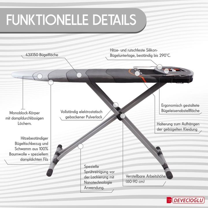 Produktbild Harbinger Bügelbrett, Bügeleisen Ablage, Bügelbrettbezug 43x150cm, Höhe 60-90cm, Grau (150 x 43 cm)