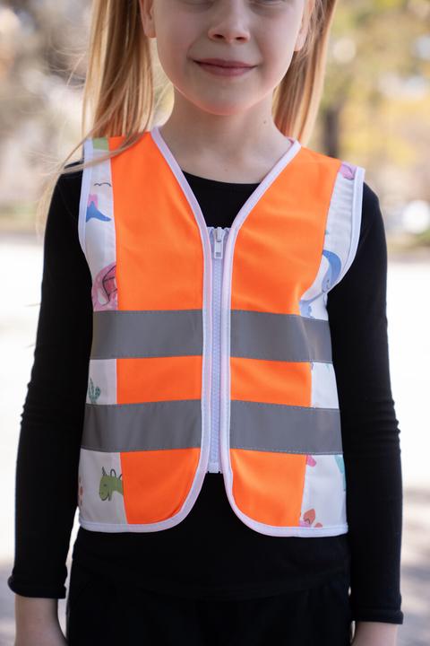 Actual product image Korntex Kinder Warnweste Action „Dinosaurs“ - CO2 Neutral - Signal-Orange/Brachiosaurus - XXS (XXS)