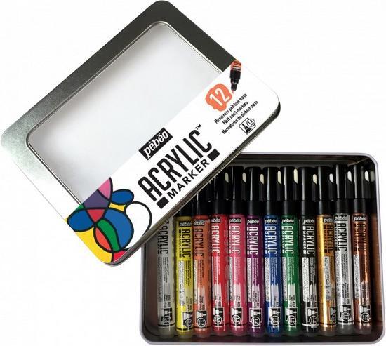 Actual product image Pebeo Metal Box Acrylic Marker - 12 Markers 1,2 Mm (Orange, Rose, Violet, White, Yellow, Cyan, Green, Black, Red, 1.20 mm, 12 x)