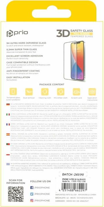 Immagine prodotto prio Protezione dello schermo in vetro temperato 3D per iPhone 14 Pro (6,1 pollici) nero (1 Pezzo/i, Apple iPhone 14 Pro)