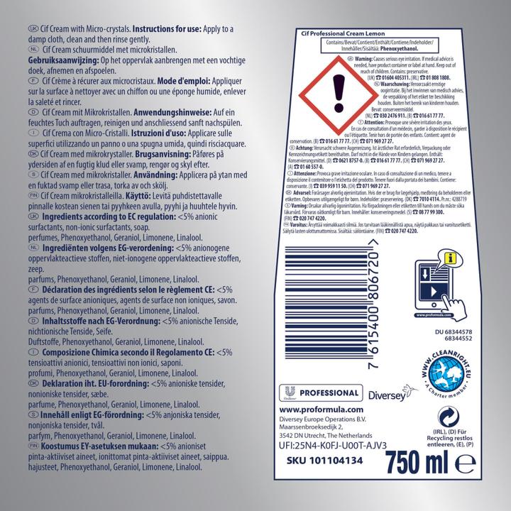Valori nutrizionali e ingredienti Cif Detergente multiuso PRO FORMULA Professional Crema Lemon