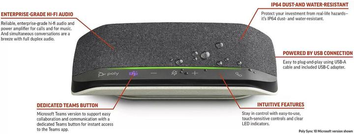 Image du produit Poly HP Sync 10-M Microsoft Teams-zertifizierte USB-A USB-C Freisprecheinrichtung, PC, Silber, 0,715