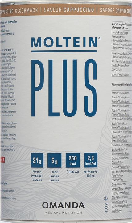 Valeurs nutritives et ingrédients Moltein Plus 2.5 Cappuccino (400g) (1 pièce(s), Poudre, 470 g)