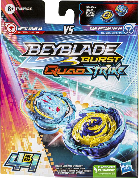 Image du produit Hasbro Beyblade Burst QuadStrike Comète Hélios H8 et Tidal Pandora Epic P8 Pack de deux toupies, cercle de