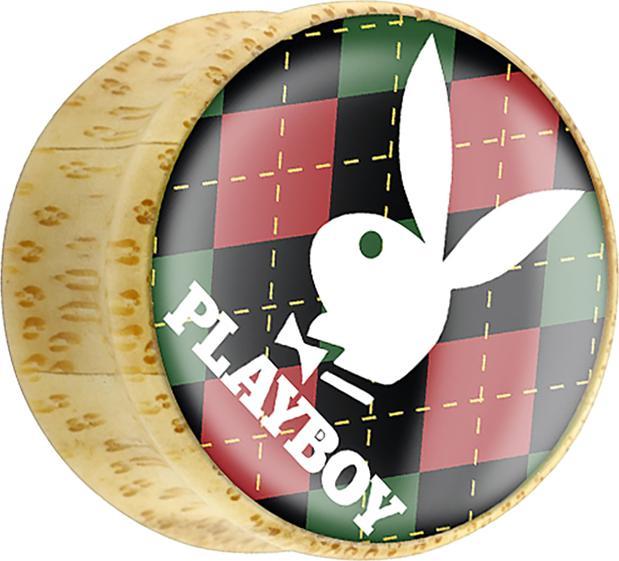 Produktbild Star Piercing Flared Plug aus Bambusholz Playboy Bunny auf rot grünem grund (ohne Messing, Organisch, Mineralisch)