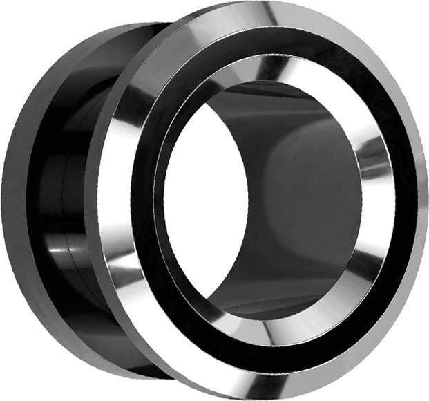 Star Piercing Flesh Tunnel schwarz mit zwei silbernen Ränder (ohne Messing, Chirurgenstahl 316L)