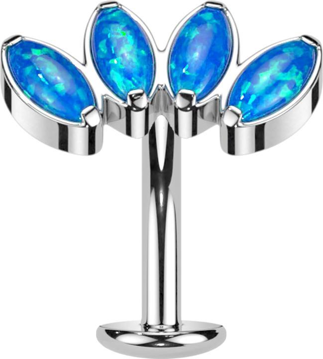 Star Piercing Threadless Labret-Stab Banane silber Fächer mit vier Opale blau