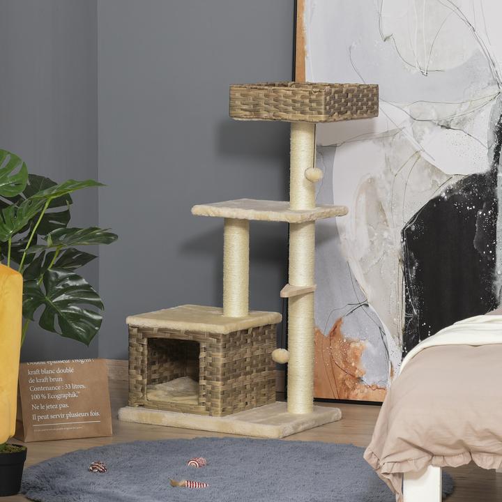 Produktbild PawHut Kratzbaum mit Rattanhöhle (109 cm, Braun, Beige)