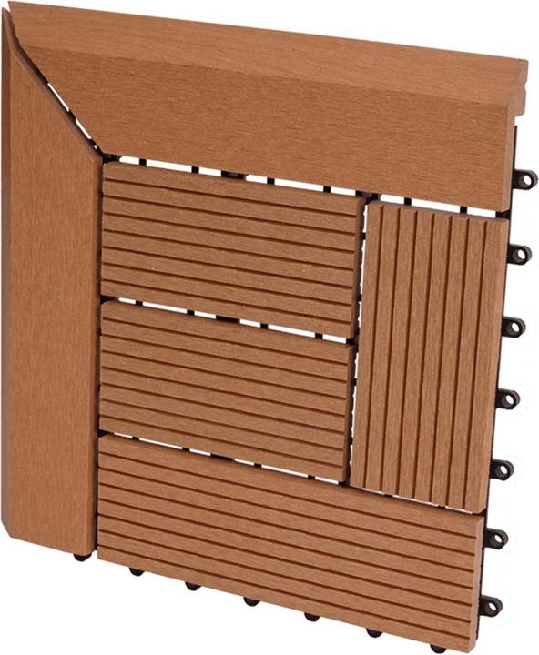 Produktbild Swisshandel24 WPC Eck-Bodenfliese Rhone + Abschluss, Holzoptik Terrasse, 30x30cm Premium Ecke, teak versetzt (1 x, 30 x 30 cm)