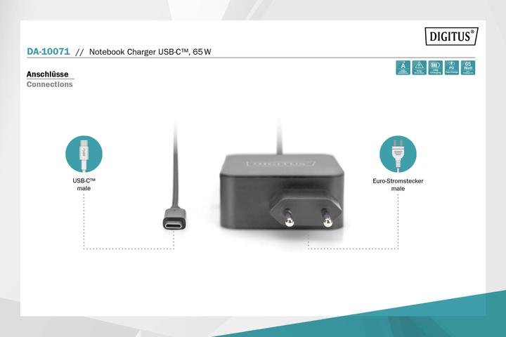 Produktbild Digitus Notebook-Ladegerät USB-C Netzteil 65W PD3.0 DA-10071 1,2 m, Schwarz (65 W)
