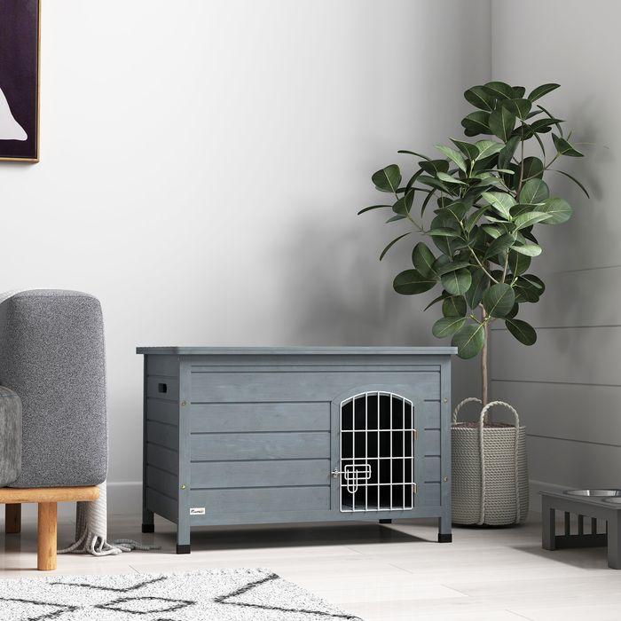 Actual product image Swisshandel24 Hundehütte Hundehaus mit Tür Hundebox Gitterbox für Katzen Tanne Grau (Dog house)