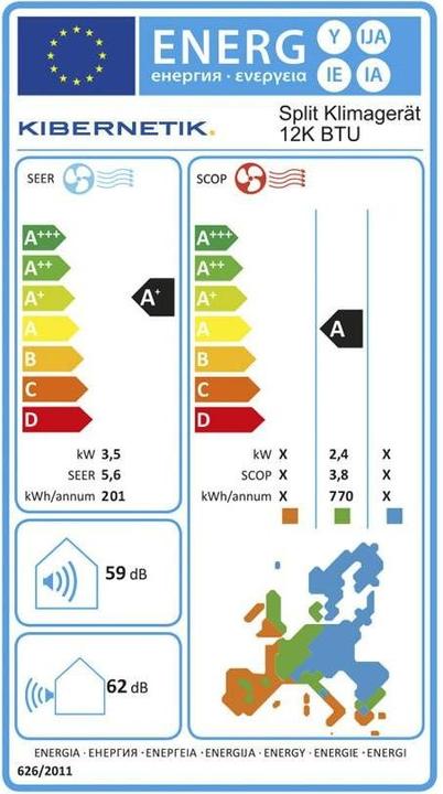 Etichetta energetica Kibernetik Condizionatore d'aria mobile split 12K BTU con WiFi (60 m², 12000 BTU/h)