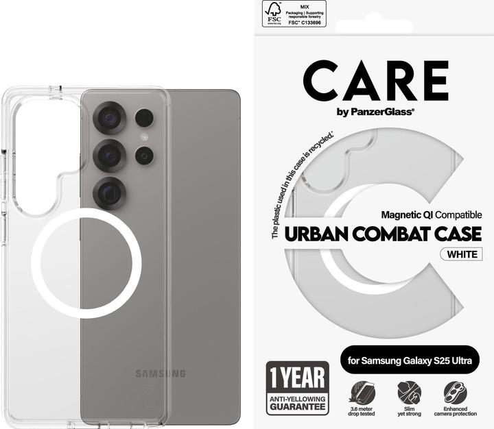 Produktbild PanzerGlass CARE by ® Flagship Case Transparent Urban Combat m. Weiss Qi Compatible Samsung Galaxy S (Samsung Galaxy S25 Ultra)