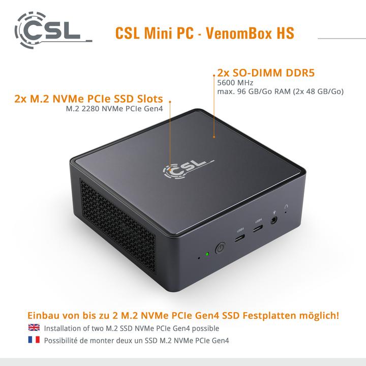 Produktbild CSL Mini-PC VenomBox 8845HS (AMD Ryzen 7 8845HS, 96 GB, 2000 GB, Radeon 780M)