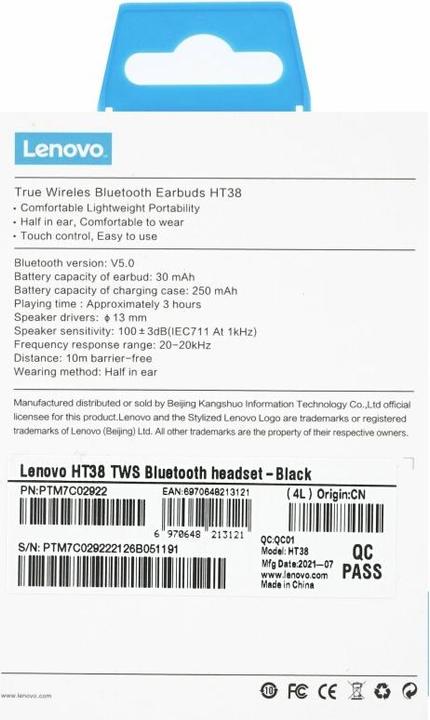 Immagine prodotto Lenovo HT38 (Nessuna soppressione del rumore, 10 h, Senza fili)