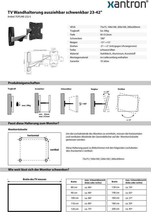 Image du produit Xantron Support mural TV pivotant (Mur, 42", 30 kg)