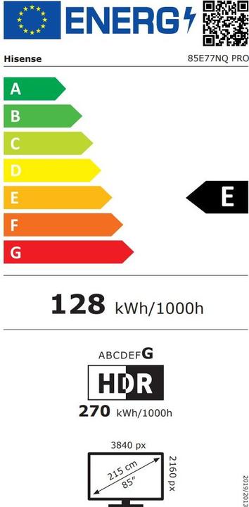 Energie-Label Hisense TV QLED-Fernseher »85E77NQ PRO«, 214,78 cm/85 Zoll, 4K Ultra HD, Smart-TV, 4K UHD, QLED (85", LCD, 4K, 2023)
