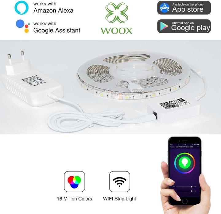 Produktbild Woox Smart LED Strip +Adapter RGB+WW, Alexa, Google Home (Mehrfarbig, 500 cm, Indoor)