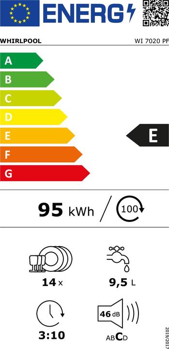 Energie-Label Whirlpool WI 7020 PF, Semi built-in, Full size (60 cm), Silver, 1.3 m, 1.55 m, 1.5 m