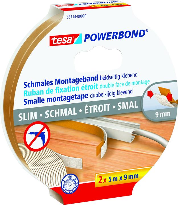 Produktbild tesa Powerbond SCHMAL doppelseitiges Montageband, 2 Rollen (9 mm)