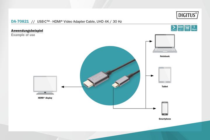 Produktbild Digitus USB Typ C — HDMI (Typ A) (1.80 m, USB Typ C)