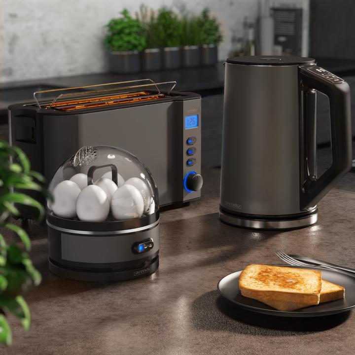 Produktbild Arendo Frühstücks Set, Wasserkocher 1,5l Temperaturwahl, 4-Scheiben Toaster & Eierkocher für 7 Eier, Grau