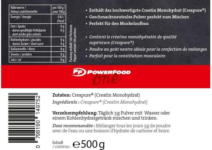 Nährwerte und Zutaten PowerFood One High Grade Creatine (1 Stück, Pulver, 500 g)