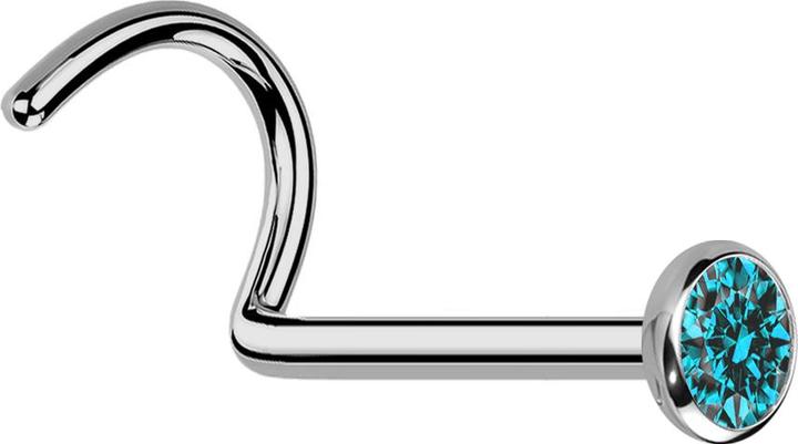Star Piercing Nasenstecker gebogen silber mit flacher Halbkugel Kristall aqua (Titan G23)