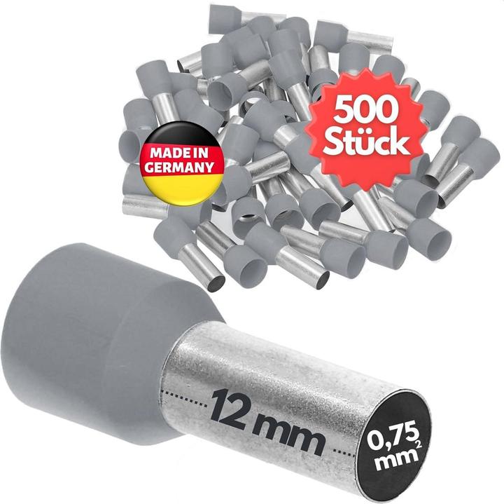 Immagine prodotto Kalitec 500 pezzi AE07512GR Capicorda isolati 0,75mm² lunghi 12mm grigi I Made in Germany I Indust