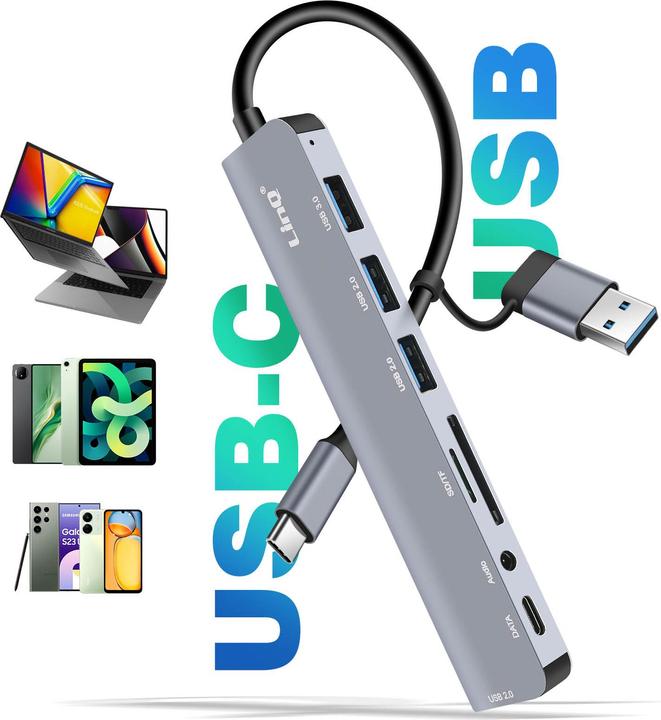 Actual product image LinQ IT7948 8-in-1 USB hub (USB-A, USB-C, 8 Ports)