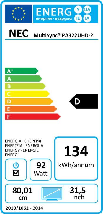 Etichetta energetica NEC MultiSync PA322 (3840 x 2160 pixel, 31.50")